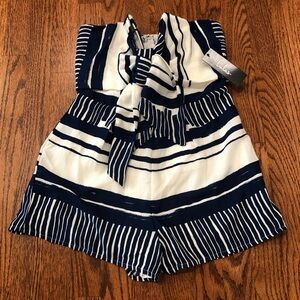 Lulus Blue and White Striped Tie-Front Strapless Romper Size: Small